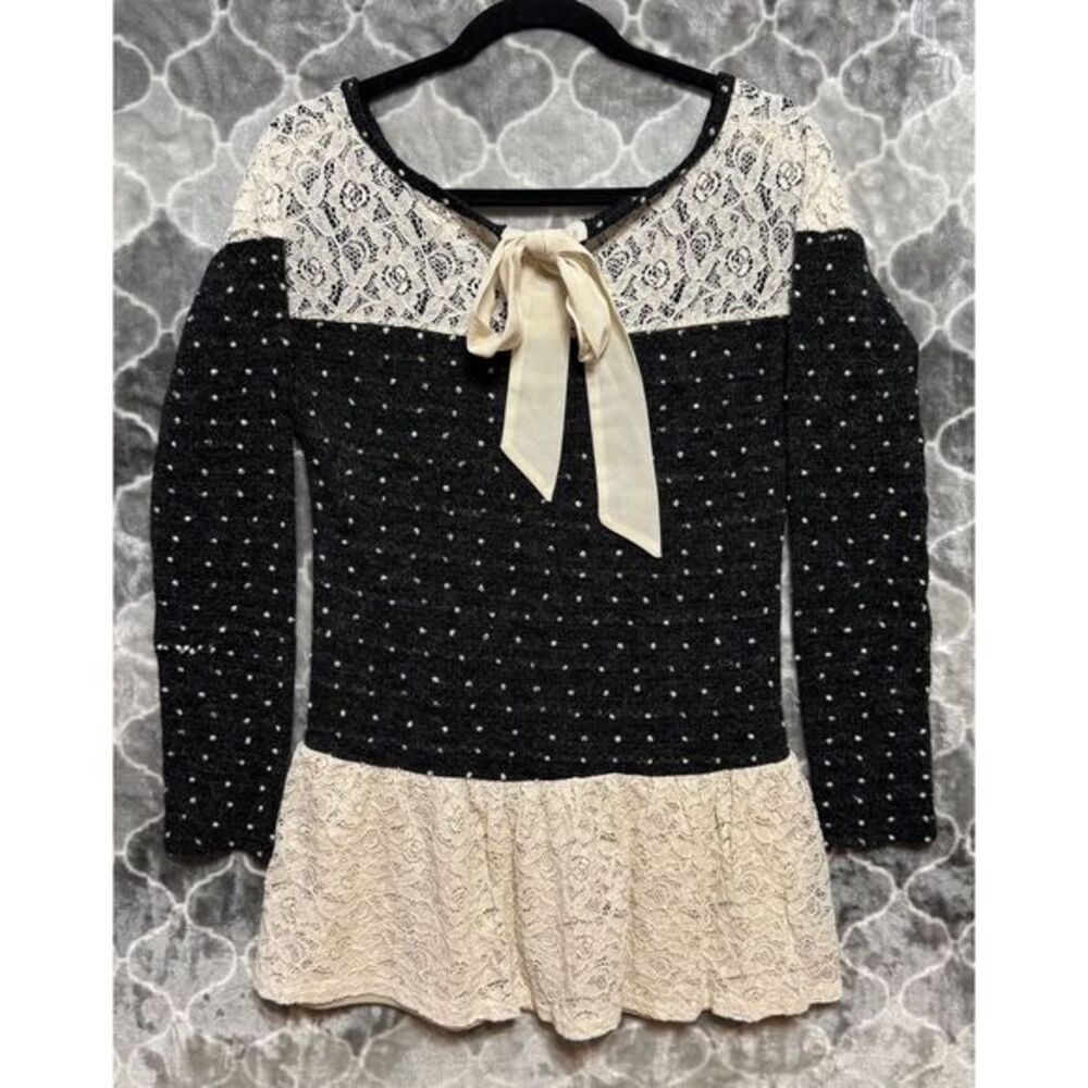 Anthropologie A'reve Sz M Gray Lace Hem Chiffon Tie Sweater Cottagecore Romantic - Picture 2 of 6